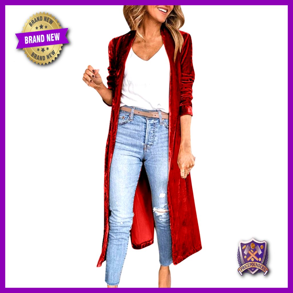 Velvet Long Cardigan Jacket Vintage Lapel Collar Open Front Maxi Length